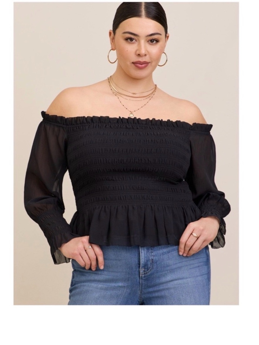 Women’s Torrid Off-Shoulder Smocked Black Peplum Top Chiffon Size 2X